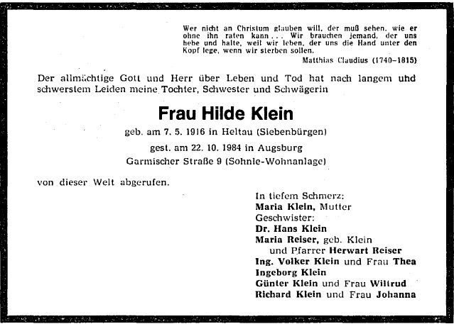 Klein Hilde 1916-1984 Todesanzeige